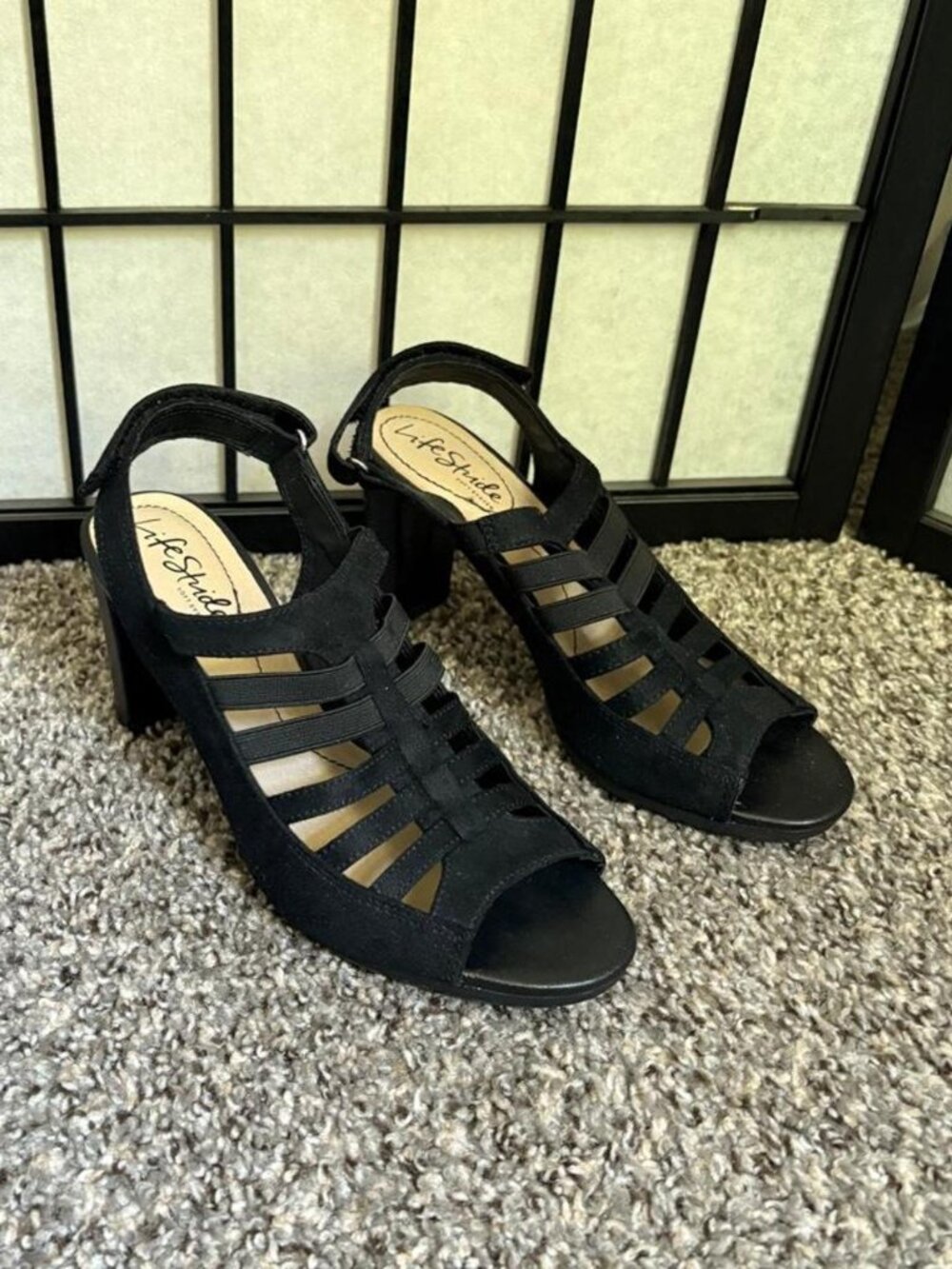Life Stride Women's Black Suede Open Toe Heels - Size 6